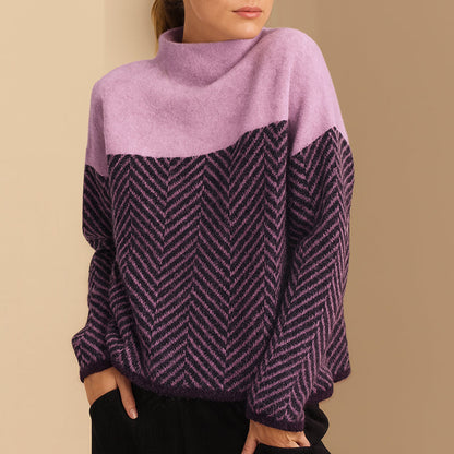 Amelia Chevron Pattern Relaxed Fit Turtleneck Sweater | Long Sleeve Hip-Length Sweater