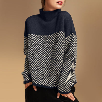 Amelia Chevron Pattern Relaxed Fit Turtleneck Sweater | Long Sleeve Hip-Length Sweater