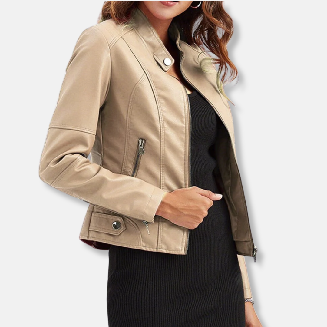Women’s Biker Jacket – Tailored Fit – Stand Collar – Zipped Pockets – Waist Length