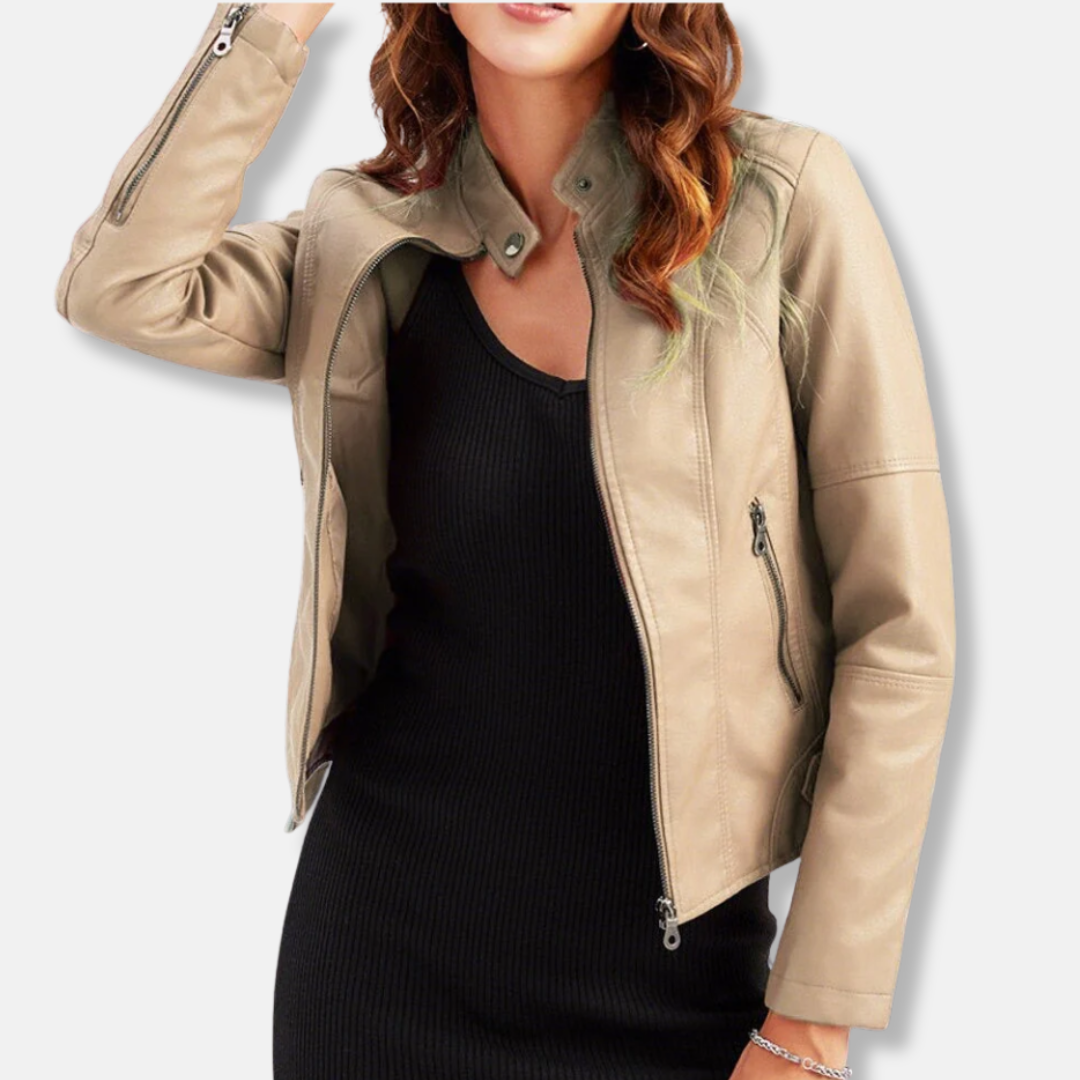 Women’s Biker Jacket – Tailored Fit – Stand Collar – Zipped Pockets – Waist Length