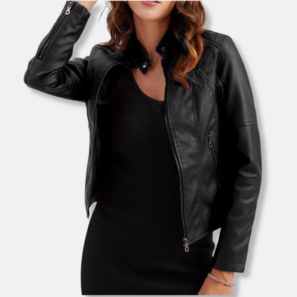 Women’s Biker Jacket – Tailored Fit – Stand Collar – Zipped Pockets – Waist Length