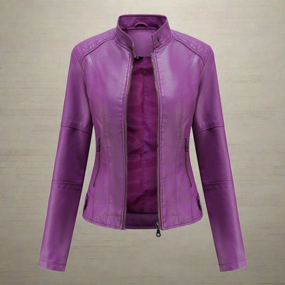 Women’s Biker Jacket – Tailored Fit – Stand Collar – Zipped Pockets – Waist Length