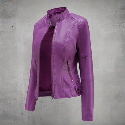 Women’s Biker Jacket – Tailored Fit – Stand Collar – Zipped Pockets – Waist Length