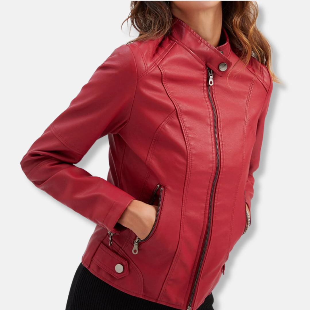 Women’s Biker Jacket – Tailored Fit – Stand Collar – Zipped Pockets – Waist Length