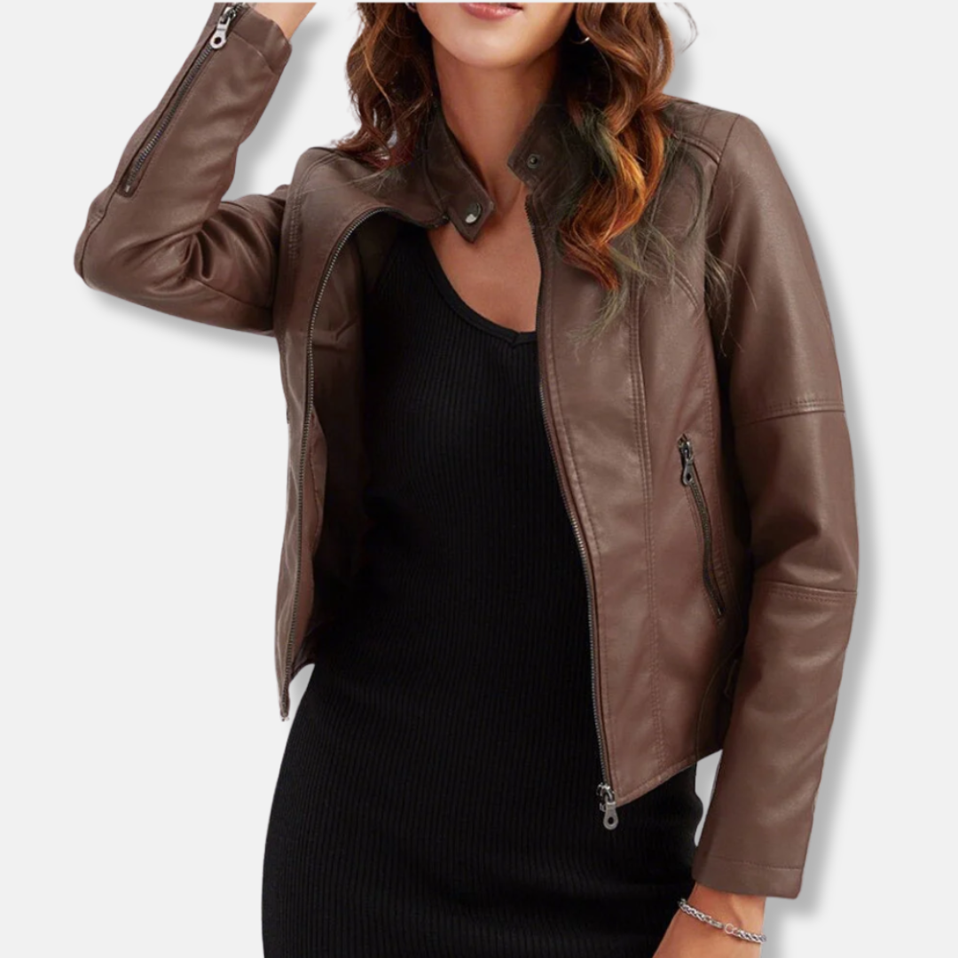 Women’s Biker Jacket – Tailored Fit – Stand Collar – Zipped Pockets – Waist Length