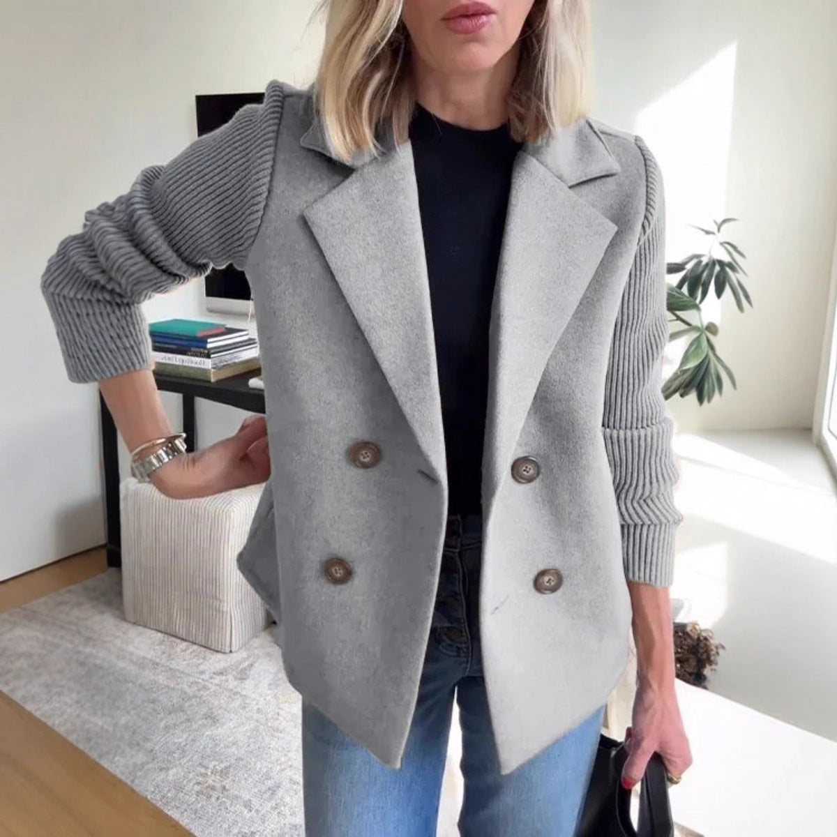 Women’s Blazer Jacket – Wool Blend – Ribbed Puff Sleeves – Double-Breasted Fit