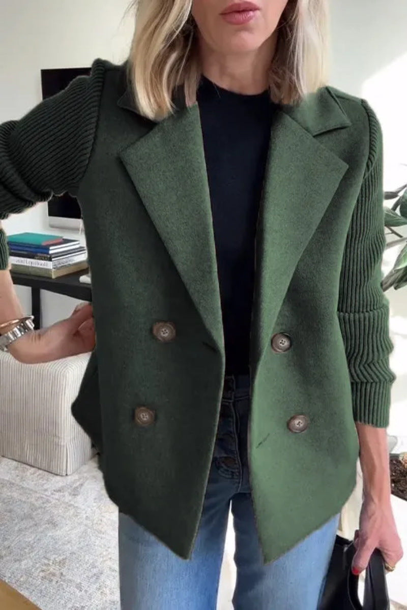 Women’s Blazer Jacket – Wool Blend – Ribbed Puff Sleeves – Double-Breasted Fit