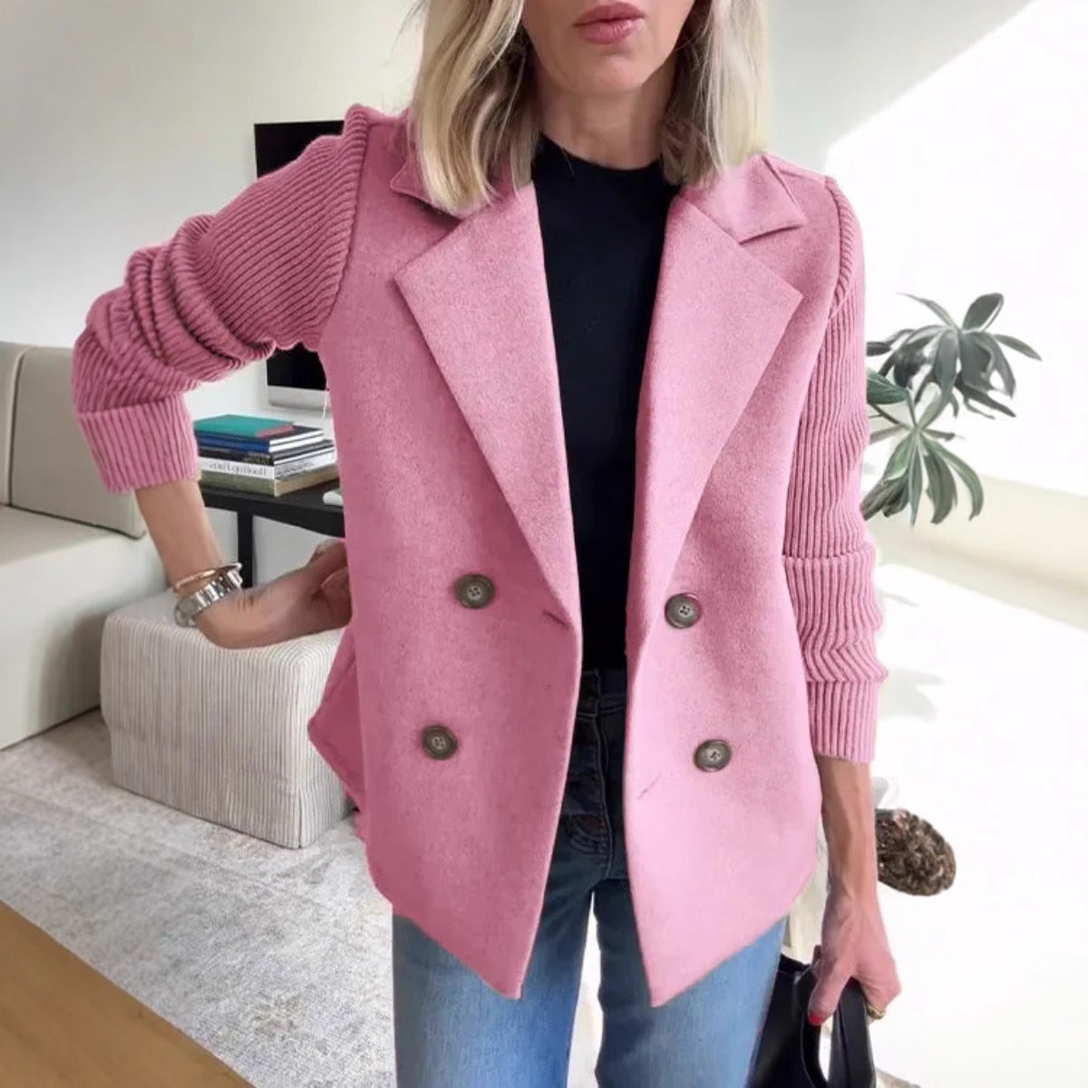 Women’s Blazer Jacket – Wool Blend – Ribbed Puff Sleeves – Double-Breasted Fit