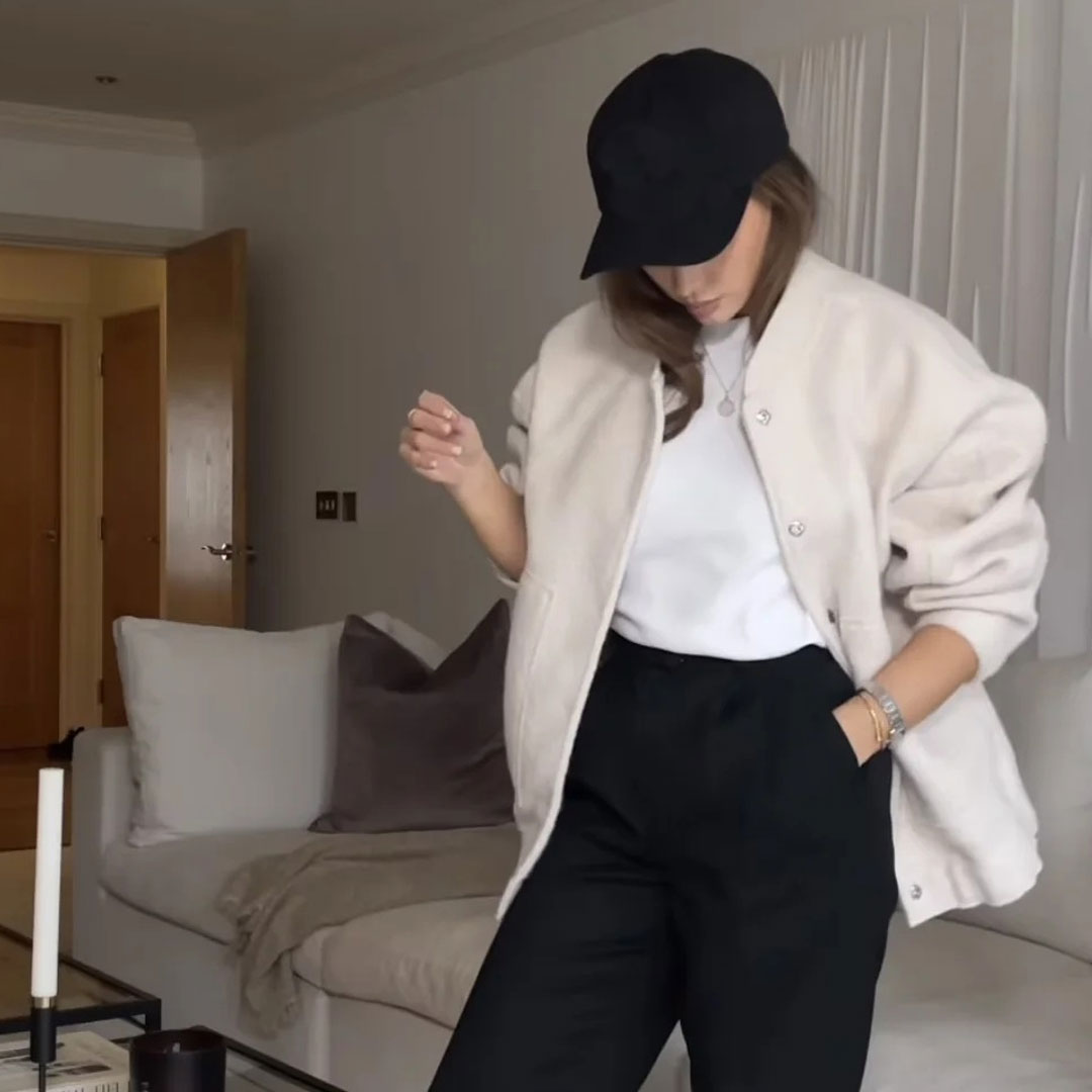 Women’s Bomber Jacket - Oversized Relaxed Fit - Collarless Round Neckline - Soft Textured Fabric