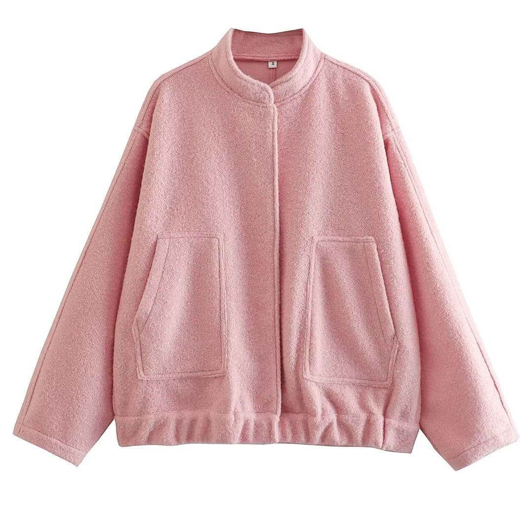 Women’s Bomber Jacket - Oversized Relaxed Fit - Collarless Round Neckline - Soft Textured Fabric