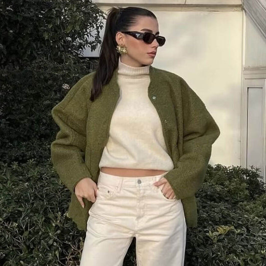 Women’s Bomber Jacket - Oversized Relaxed Fit - Collarless Round Neckline - Soft Textured Fabric