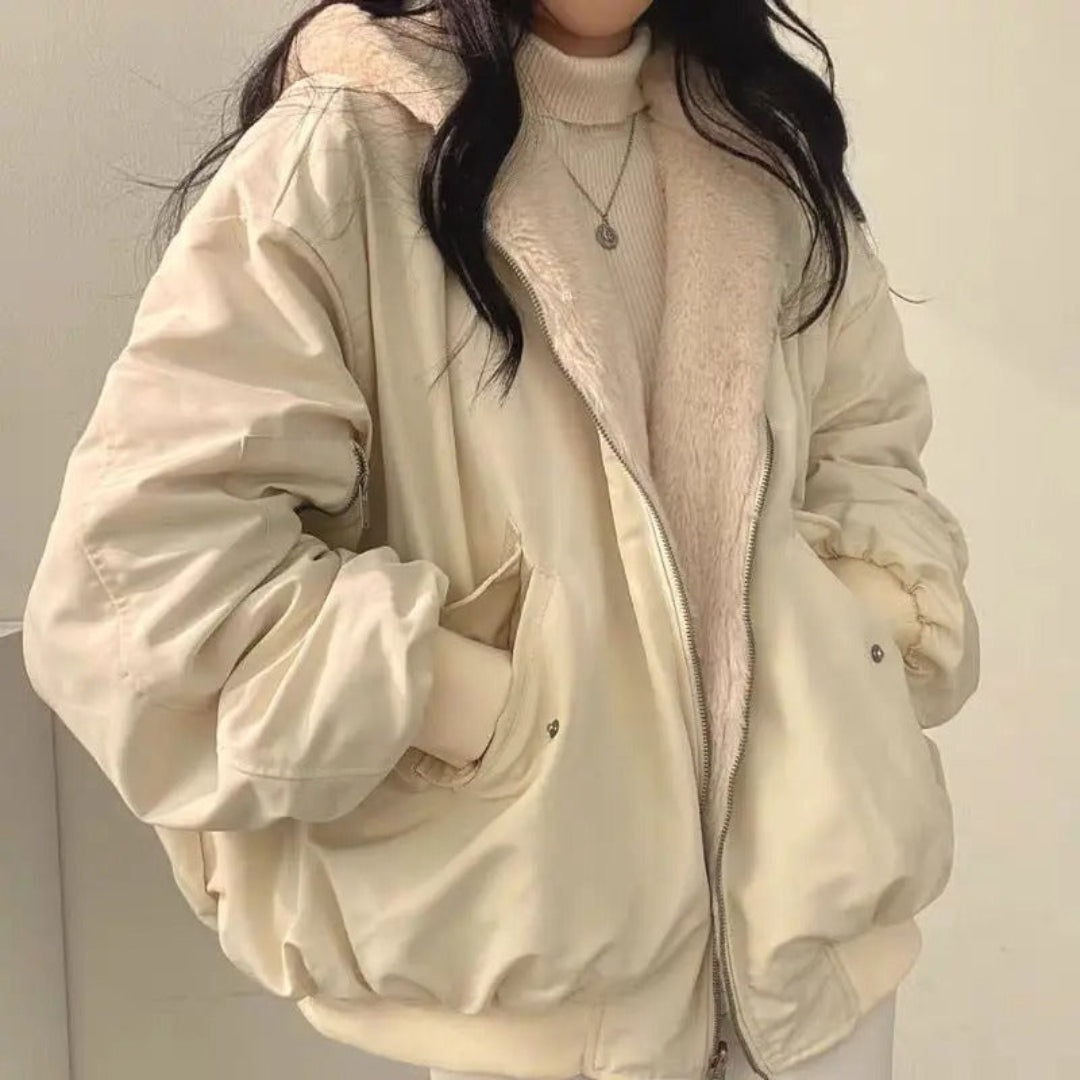 Women’s Bomber Jacket - Oversized Relaxed Fit - Plush Lined Hood - Ribbed Cuffs and Hem - Utility Pockets