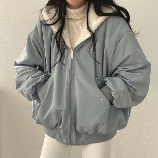 Women’s Bomber Jacket - Oversized Relaxed Fit - Plush Lined Hood - Ribbed Cuffs and Hem - Utility Pockets