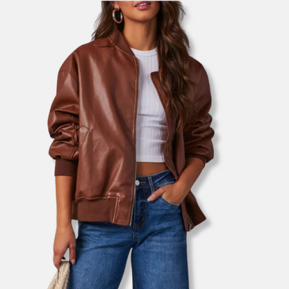 Women’s Bomber Jacket – Oversized Relaxed Fit – Ribbed Trim – Full Zip Closure