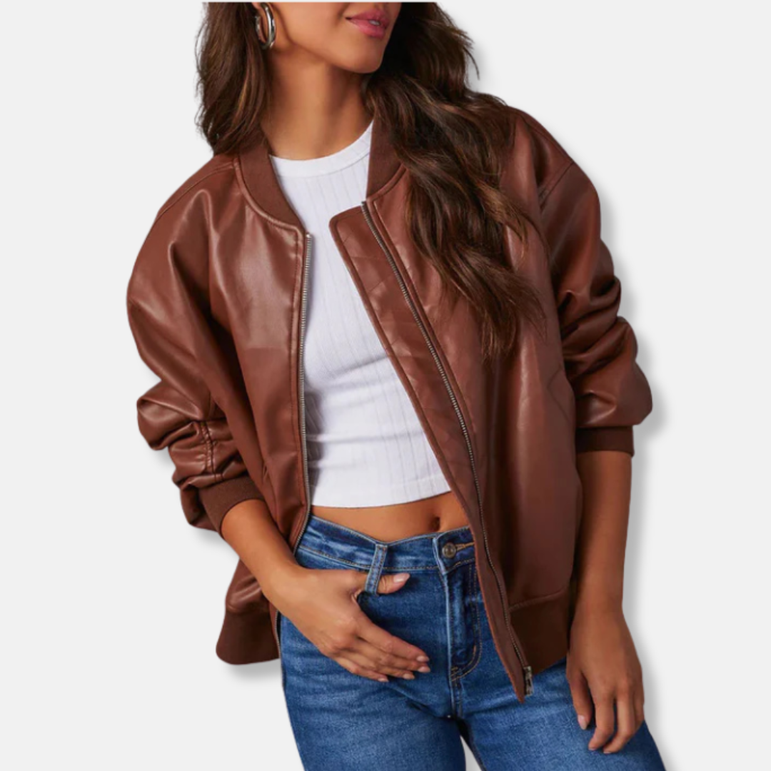 Women’s Bomber Jacket – Oversized Relaxed Fit – Ribbed Trim – Full Zip Closure