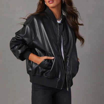 Women’s Bomber Jacket – Oversized Relaxed Fit – Ribbed Trim – Full Zip Closure