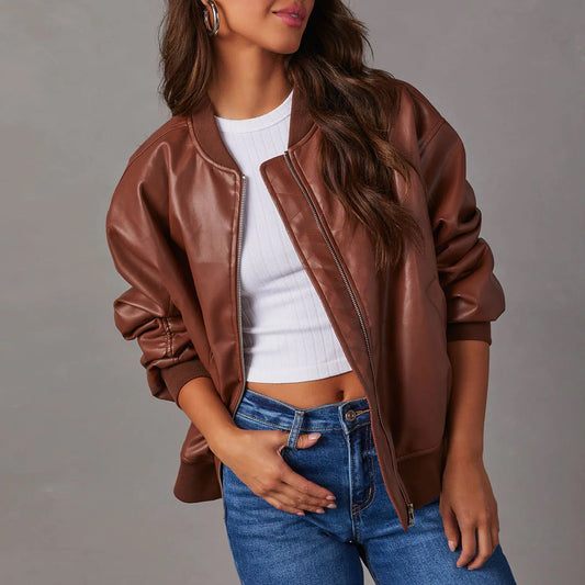 Women’s Bomber Jacket – Oversized Relaxed Fit – Ribbed Trim – Full Zip Closure