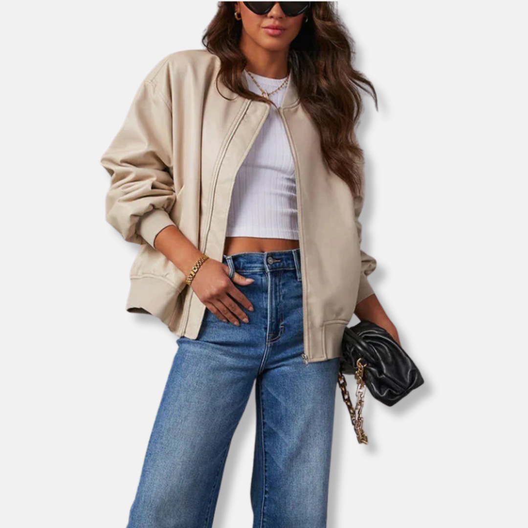 Women’s Bomber Jacket – Oversized Relaxed Fit – Ribbed Trim – Full Zip Closure