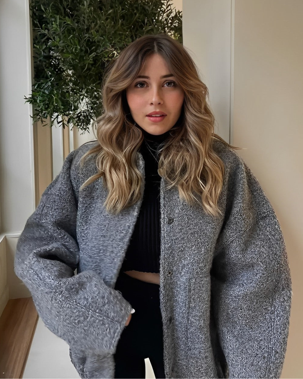 Women’s Bomber Jacket - Oversized Relaxed Fit - Textured Plush Fabric - Snap Button Closure