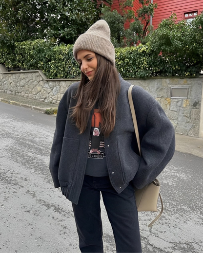 Women’s Bomber Jacket - Oversized Relaxed Fit - Textured Plush Fabric - Snap Button Closure