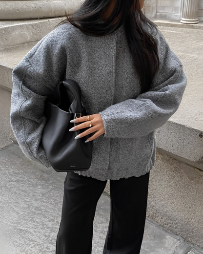 Women’s Bomber Jacket - Oversized Relaxed Fit - Textured Plush Fabric - Snap Button Closure