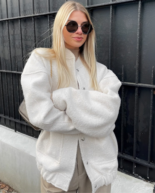 Women’s Bomber Jacket - Oversized Relaxed Fit - Textured Plush Fabric - Snap Button Closure