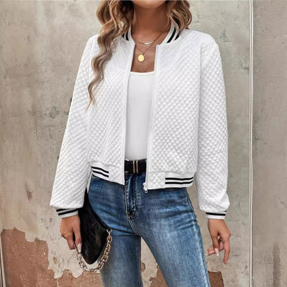 Women’s Bomber Jacket – Quilted Padded Fabric – Relaxed Fit – Ribbed Trim – Zip Front