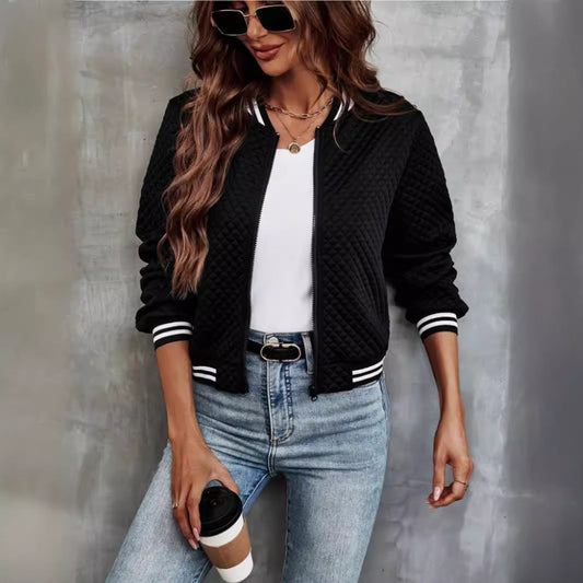 Women’s Bomber Jacket – Quilted Padded Fabric – Relaxed Fit – Ribbed Trim – Zip Front