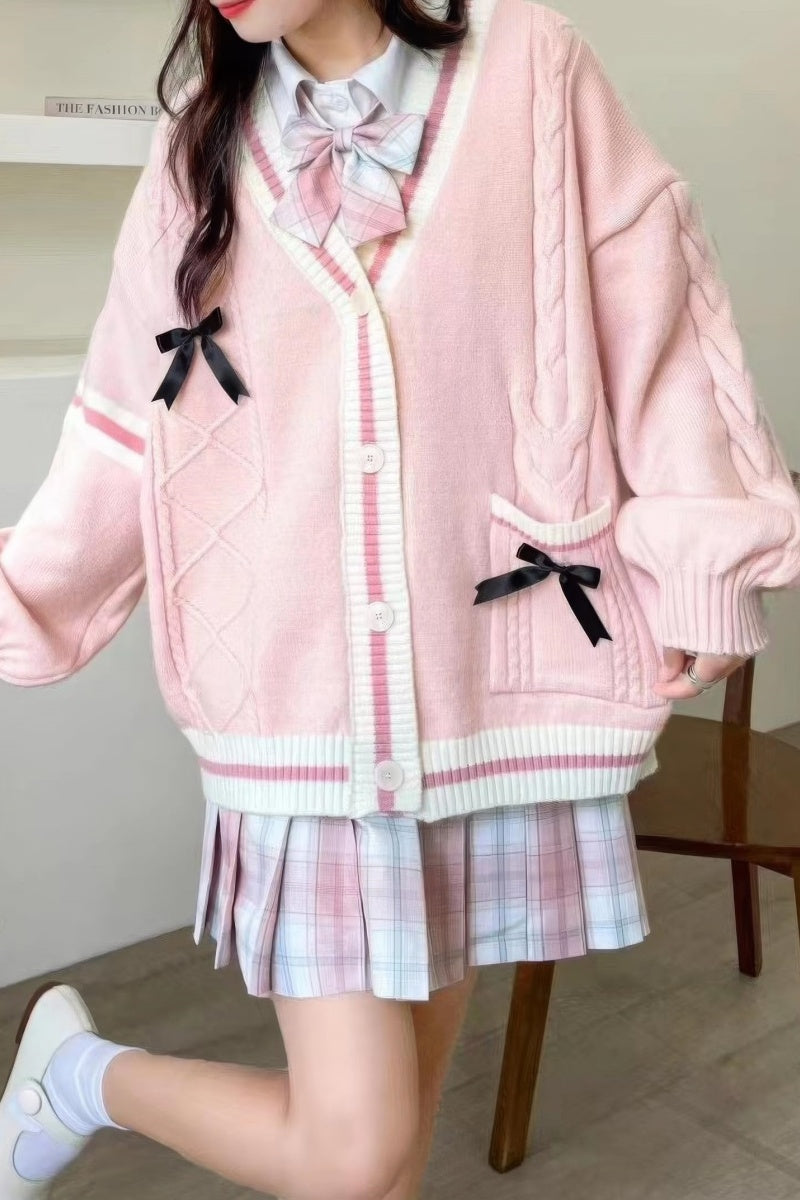 Women’s Cable-Knit Cardigan - Relaxed Fit - Button Front - Ribbed Trim - Decorative Bows