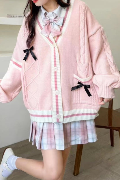 Women’s Cable-Knit Cardigan - Relaxed Fit - Button Front - Ribbed Trim - Decorative Bows