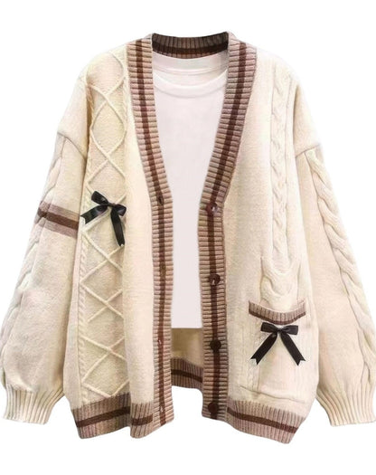 Women’s Cable-Knit Cardigan - Relaxed Fit - Button Front - Ribbed Trim - Decorative Bows