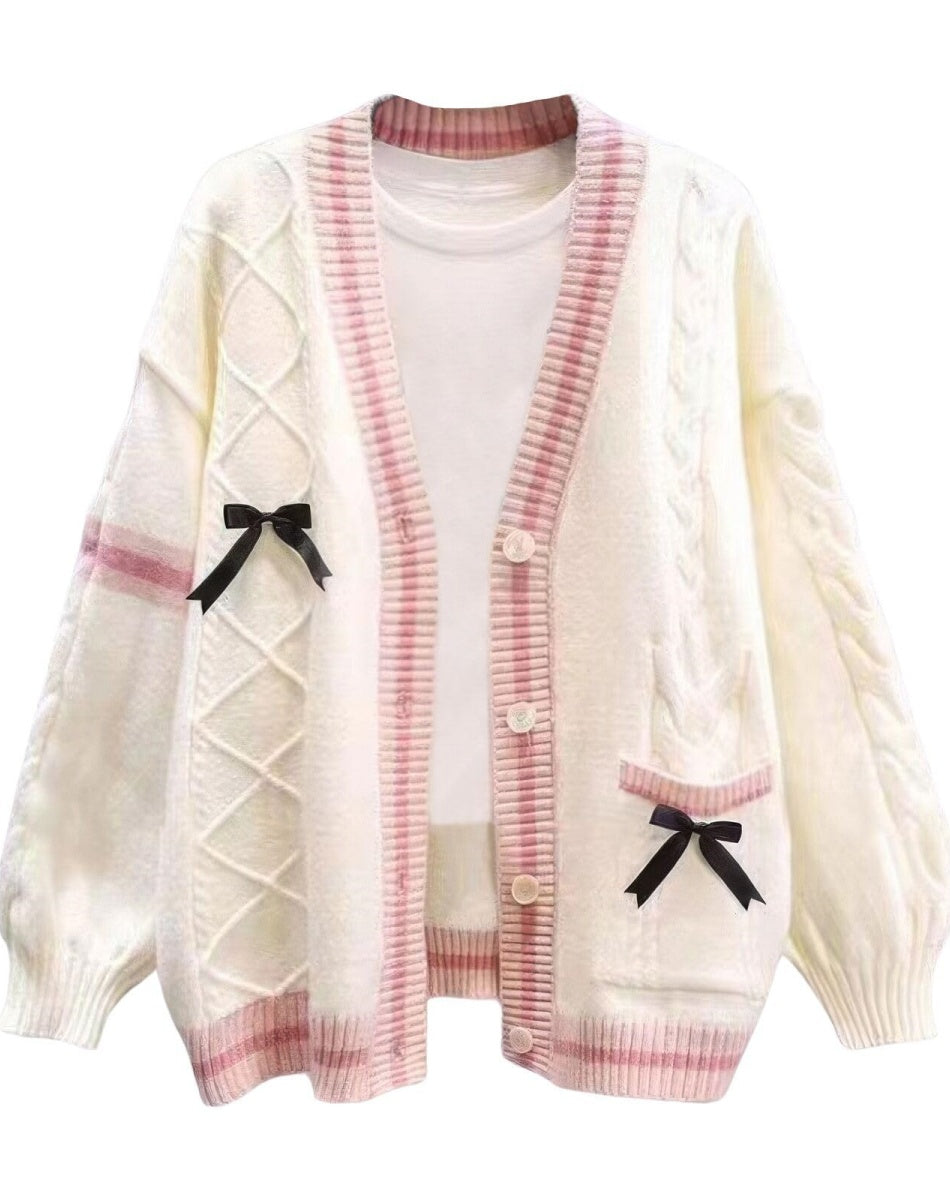 Women’s Cable-Knit Cardigan - Relaxed Fit - Button Front - Ribbed Trim - Decorative Bows
