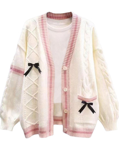 Women’s Cable-Knit Cardigan - Relaxed Fit - Button Front - Ribbed Trim - Decorative Bows