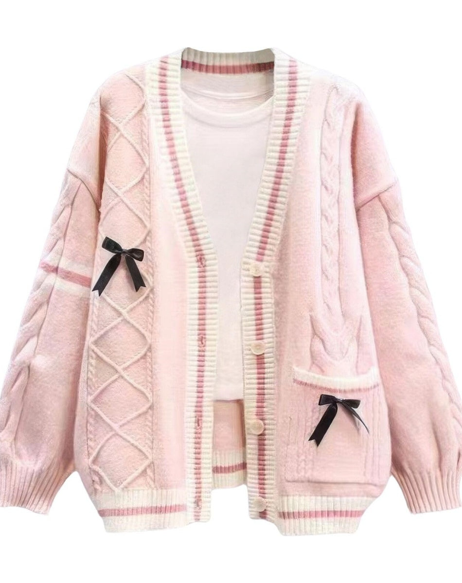 Women’s Cable-Knit Cardigan - Relaxed Fit - Button Front - Ribbed Trim - Decorative Bows
