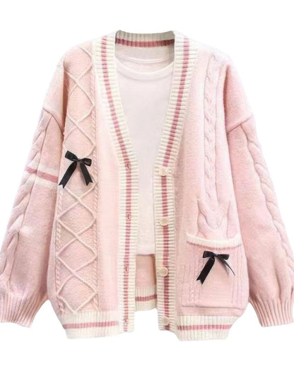 Women’s Cable-Knit Cardigan - Relaxed Fit - Button Front - Ribbed Trim - Decorative Bows