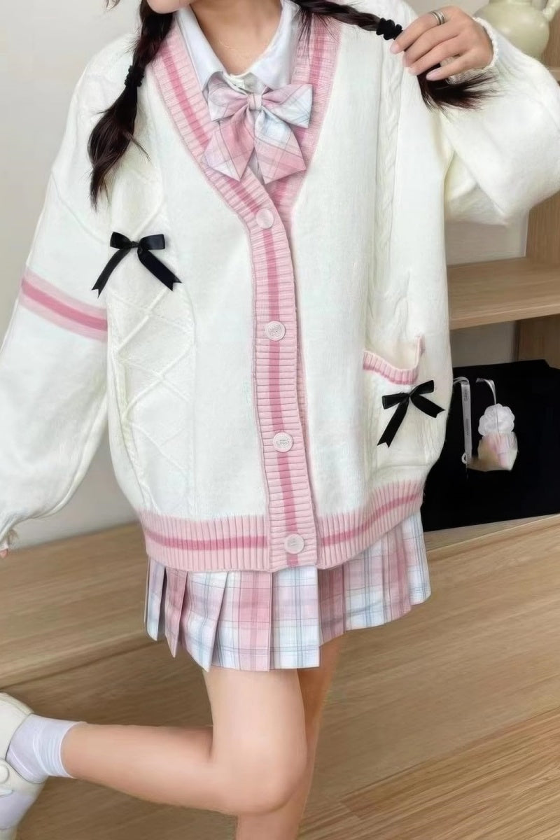 Women’s Cable-Knit Cardigan - Relaxed Fit - Button Front - Ribbed Trim - Decorative Bows