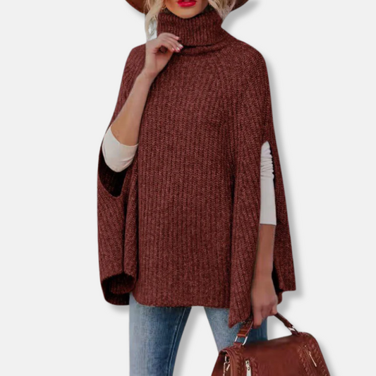 Women’s Cape Sweater – Wool Blend – Loose Fit – Turtleneck – Ribbed Knit Design