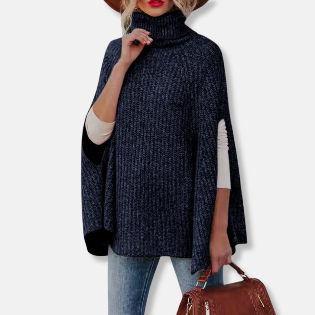 Women’s Cape Sweater – Wool Blend – Loose Fit – Turtleneck – Ribbed Knit Design