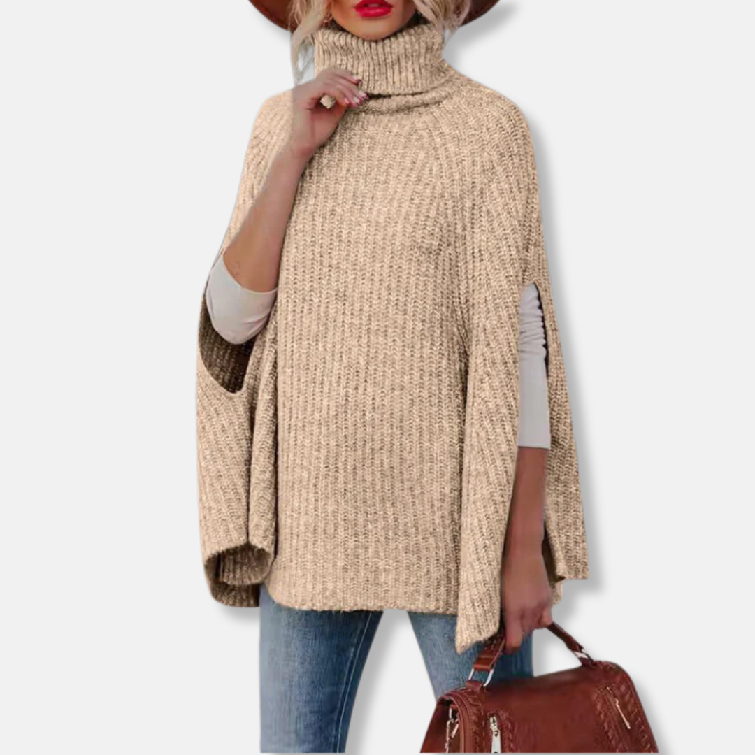 Women’s Cape Sweater – Wool Blend – Loose Fit – Turtleneck – Ribbed Knit Design