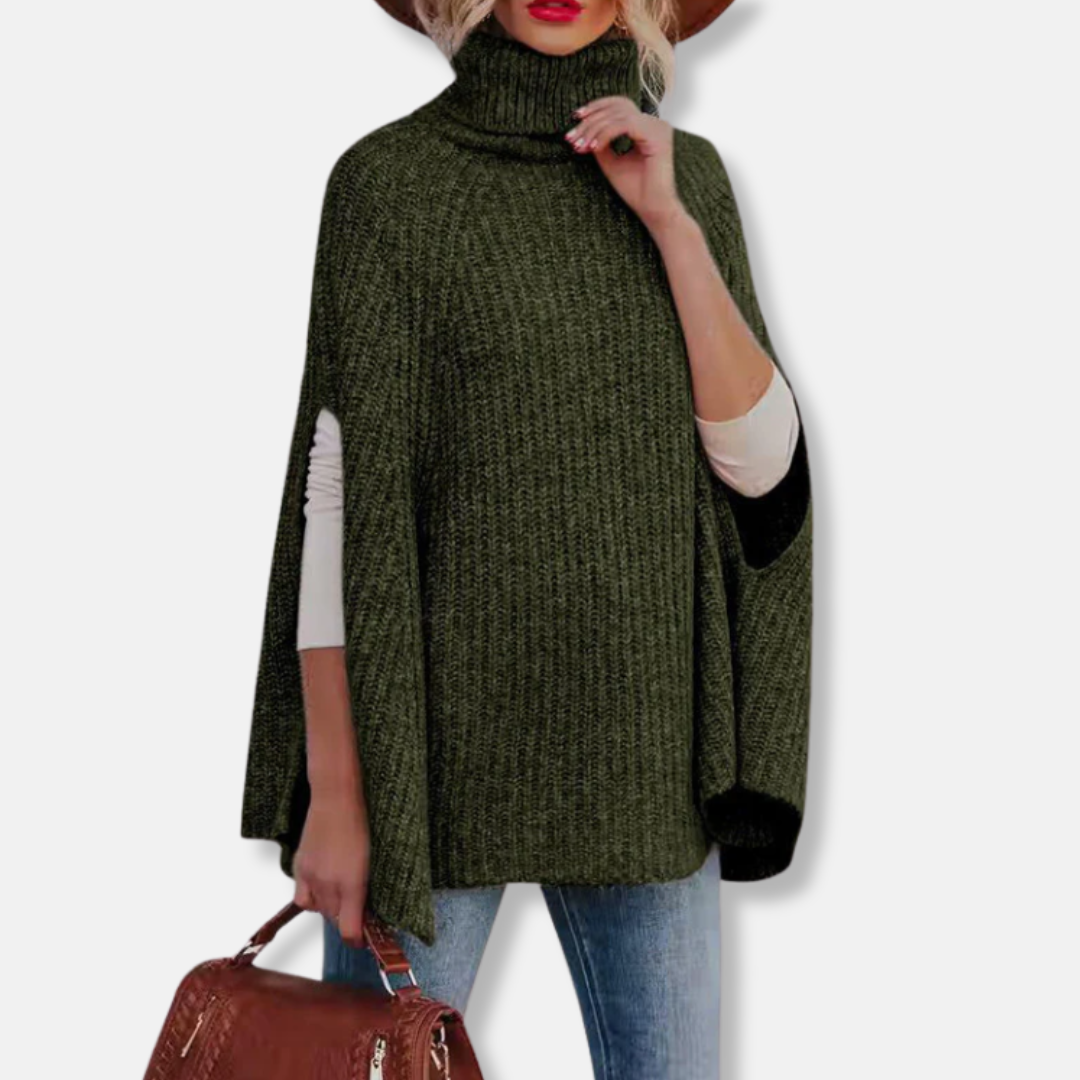 Women’s Cape Sweater – Wool Blend – Loose Fit – Turtleneck – Ribbed Knit Design