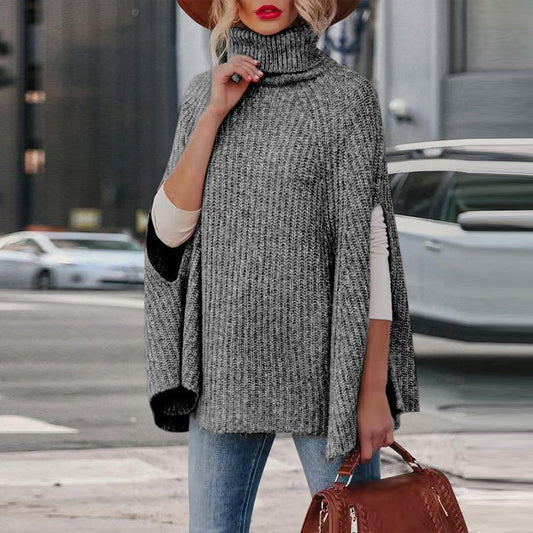 Women’s Cape Sweater – Wool Blend – Loose Fit – Turtleneck – Ribbed Knit Design