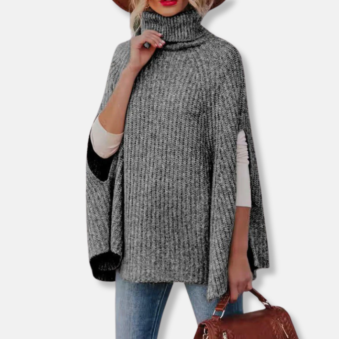Women’s Cape Sweater – Wool Blend – Loose Fit – Turtleneck – Ribbed Knit Design