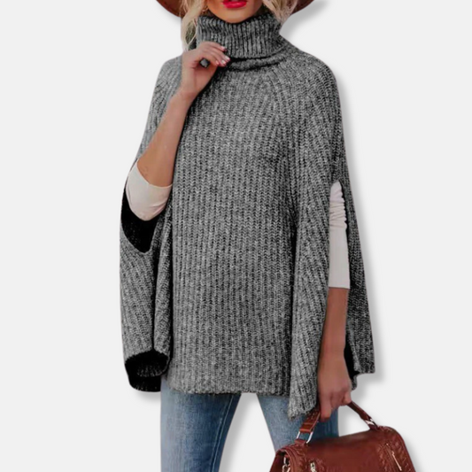 Women’s Cape Sweater – Wool Blend – Loose Fit – Turtleneck – Ribbed Knit Design