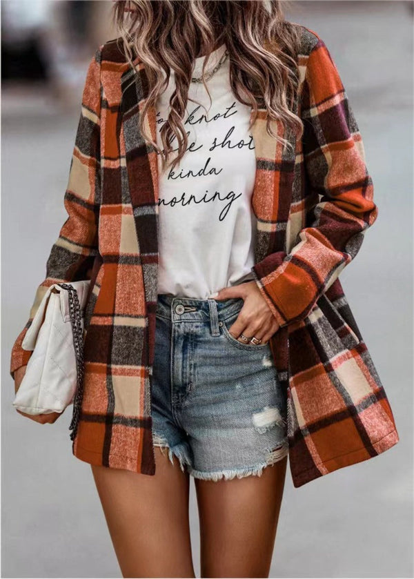 Women’s Cardigan Coat – Oversized Fit – Wool Feel – Plaid Print – Open Front – Long Sleeve