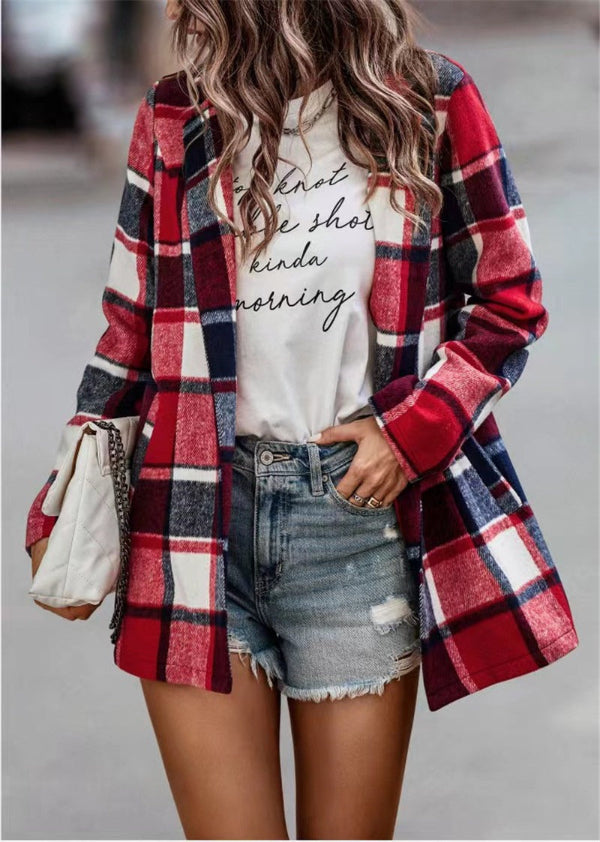 Women’s Cardigan Coat – Oversized Fit – Wool Feel – Plaid Print – Open Front – Long Sleeve