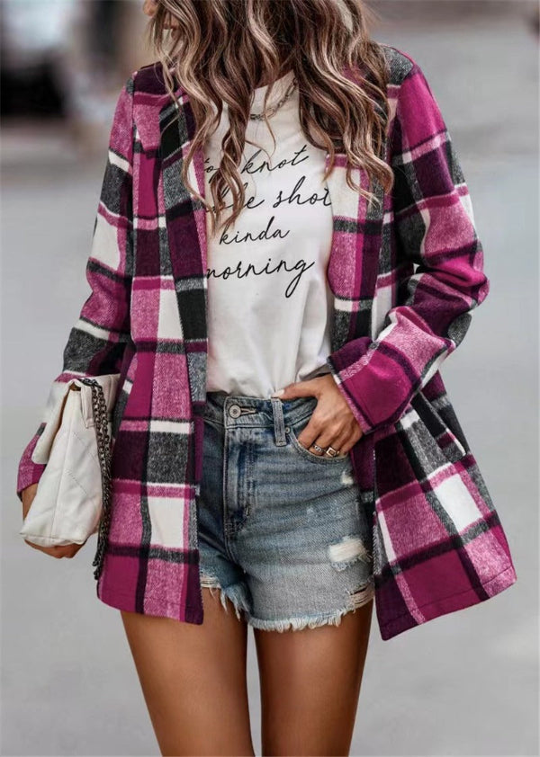 Women’s Cardigan Coat – Oversized Fit – Wool Feel – Plaid Print – Open Front – Long Sleeve