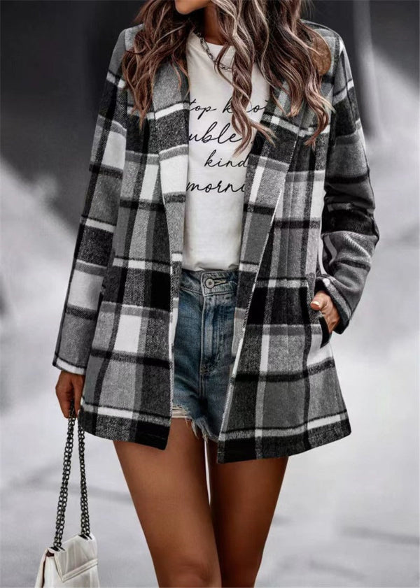 Women’s Cardigan Coat – Oversized Fit – Wool Feel – Plaid Print – Open Front – Long Sleeve