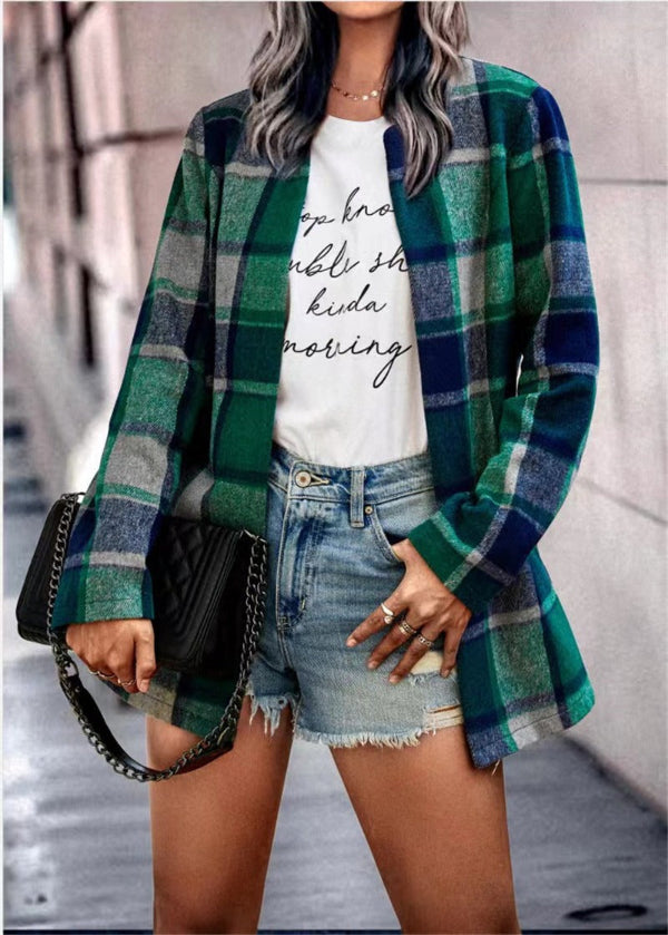 Women’s Cardigan Coat – Oversized Fit – Wool Feel – Plaid Print – Open Front – Long Sleeve