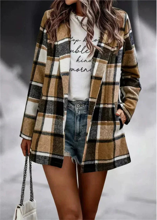 Women’s Cardigan Coat – Oversized Fit – Wool Feel – Plaid Print – Open Front – Long Sleeve