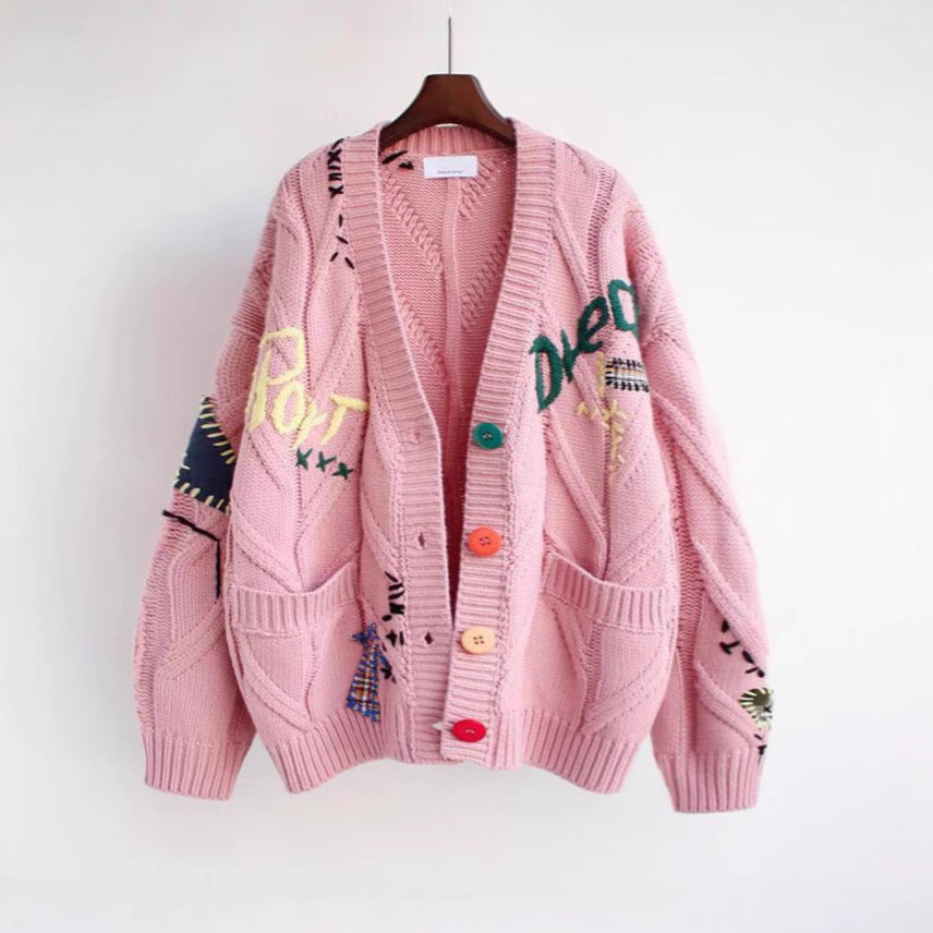 Women’s Cardigan – Oversized Fit – Chunky Knit – Embroidered – Playful Buttons